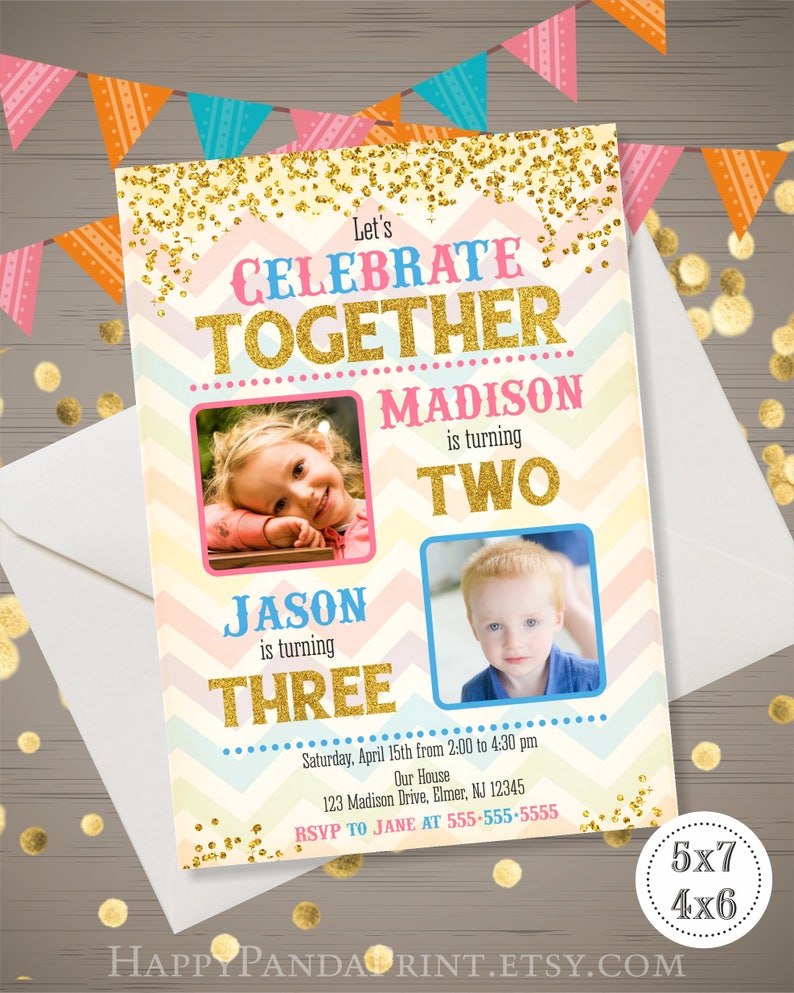 Joint Birthday Party Invitation with Photo Gold Glitter | Etsy