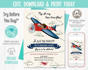 Vintage Airplane Invitation, EDITABLE Airplane Birthday Invitation, Time Flies Invitation, Boy Airplane First Birthday Invitation, Printable