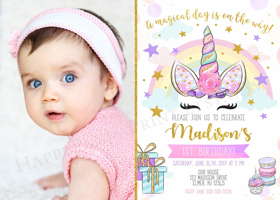 Unicorn Birthday Invitation With Photo Unicorn Invitation Etsy