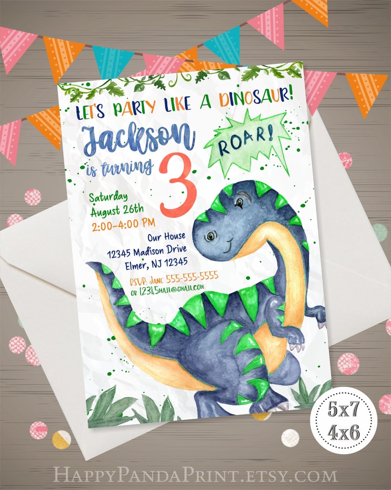 Dinosaur Birthday Invitation Watercolor Dinosaur Invitation Etsy