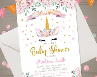 Unicorn Face Baby Shower Invitation Watercolor Baby Shower Invitation Pink & Gold Floral Unicorn Invitation Girl Baby Shower Unicorn Party