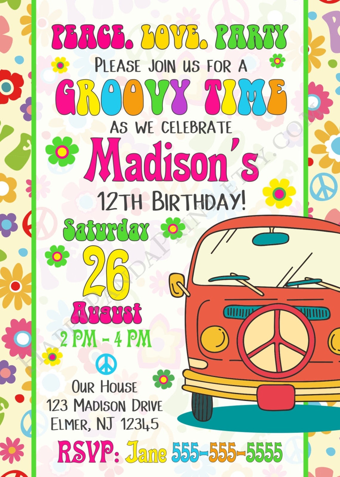 Hippie Invitation Hippie Birthday Invitation Hippie Party Etsy