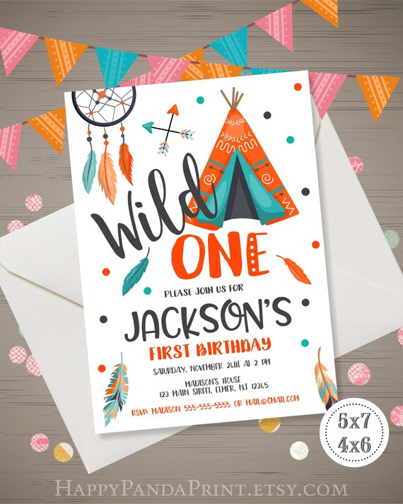 Printable Girl/'s Birthday Invitation Wild One Boho Dreamcatcher Digital Invite