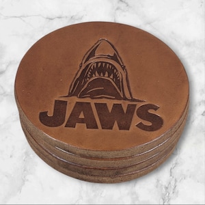 Jaws Movie-Themed Leather Coasters - Set of 4 Handmade Embossed Coasters Jaws Decorations Home