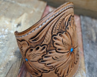 leather cuff made from brown tooled leather. leather bracelet wristband