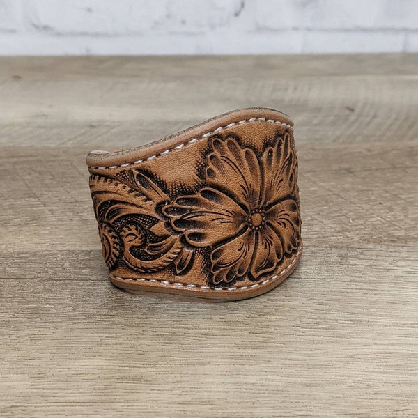 Hand Tooled Leather Cuff Bracelet with Floral Design