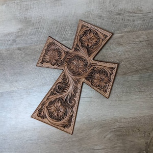 Floral Carved Leather Wall Hanging Cross