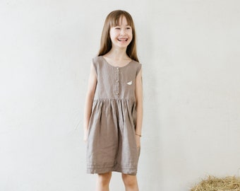 Linen Sleeveless Dress Melissa for girls | Optional Embroidery