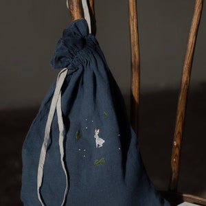 Large Linen Pouch Bag with Hand Embroidery