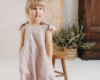 Linen Ribbon Dress Yvette for girls | Optional Embroidery