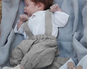 Linen Baby Harem Pants Jesse with Removable Suspenders | Optional Embroidery