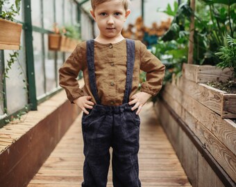 Warm Linen Pants Jules with removable suspenders | Optional Embroidery