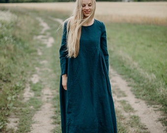 Linen Dress Leah with Long sleeves | Optional Embroidery