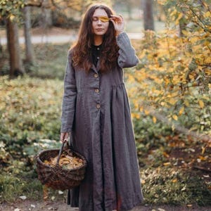 Women’s Linen Coat Lilly, Elegant Oversized Party Wear with Raised Waistline and Striped Sleeve Lining | Optional Embroidery