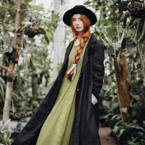 Oversized Linen Coat Lilly for Women, Classic Collar Design with Raised Waistline and Coconut Buttons | Optional Embroidery