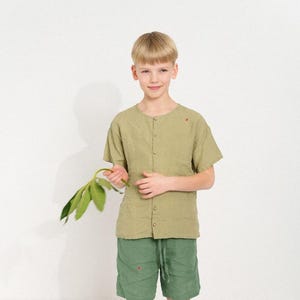Boho Linen Top for Kids, Unisex Summer Outfit, Short Sleeve Button Down Playwear, Comfort Fashion Top Mila | Optional Embroidery