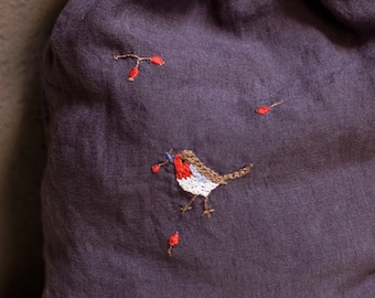 Handmade Embroidery "Robin with Berries" | Customized Personalised Items | Optional Embroideries