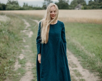 Linen Dress Leah with Long sleeves | Optional Embroidery