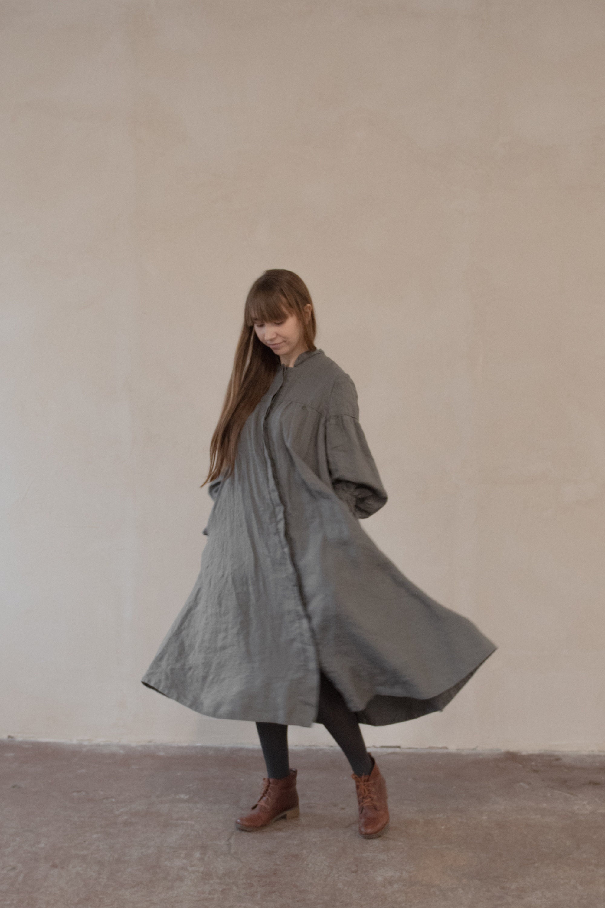 Bishop Sleeve Linen Dress: Agatha Ankle Length Button-Front