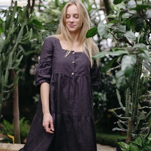 Linen Maxi Dress Adele: Bishop Sleeve Summer Dress, Optional Embroidery