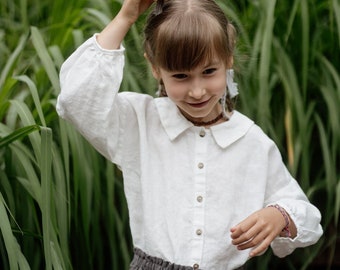 Camicia in lino Cecille con maniche Bishop per bambini / Ricamo opzionale