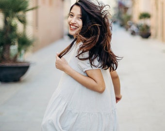 Elegant Linen Midi Dress Birdie with Short Sleeves – Natural Fabric – Eco-Friendly Clothing – Optional Embroidery – Handmade in Europe