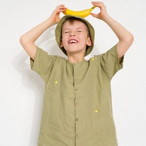 Unisex Linen Top for Toddlers, Summer Playwear Outfit, Short Sleeve Button Down Design Top Mila | Optional Embroidery