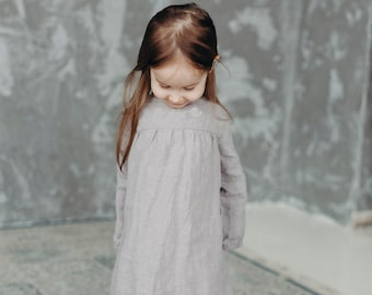 Linen Dress Louise with Long Sleeves, linen dress for kids, Girls Casual Linen Dress, first birthday girl dress | Optional Embroidery