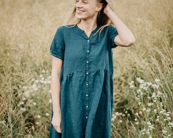 Linen Dress Birdie with Short Sleeves | Optional Embroidery