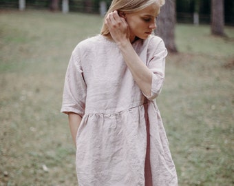 Linen Dress Anne, Linen Tunic Dress, Summer Dress, Midi Dress, Short Linen Dress, Plus Size Dress, 3/4 sleeve dress | Optional Embroidery