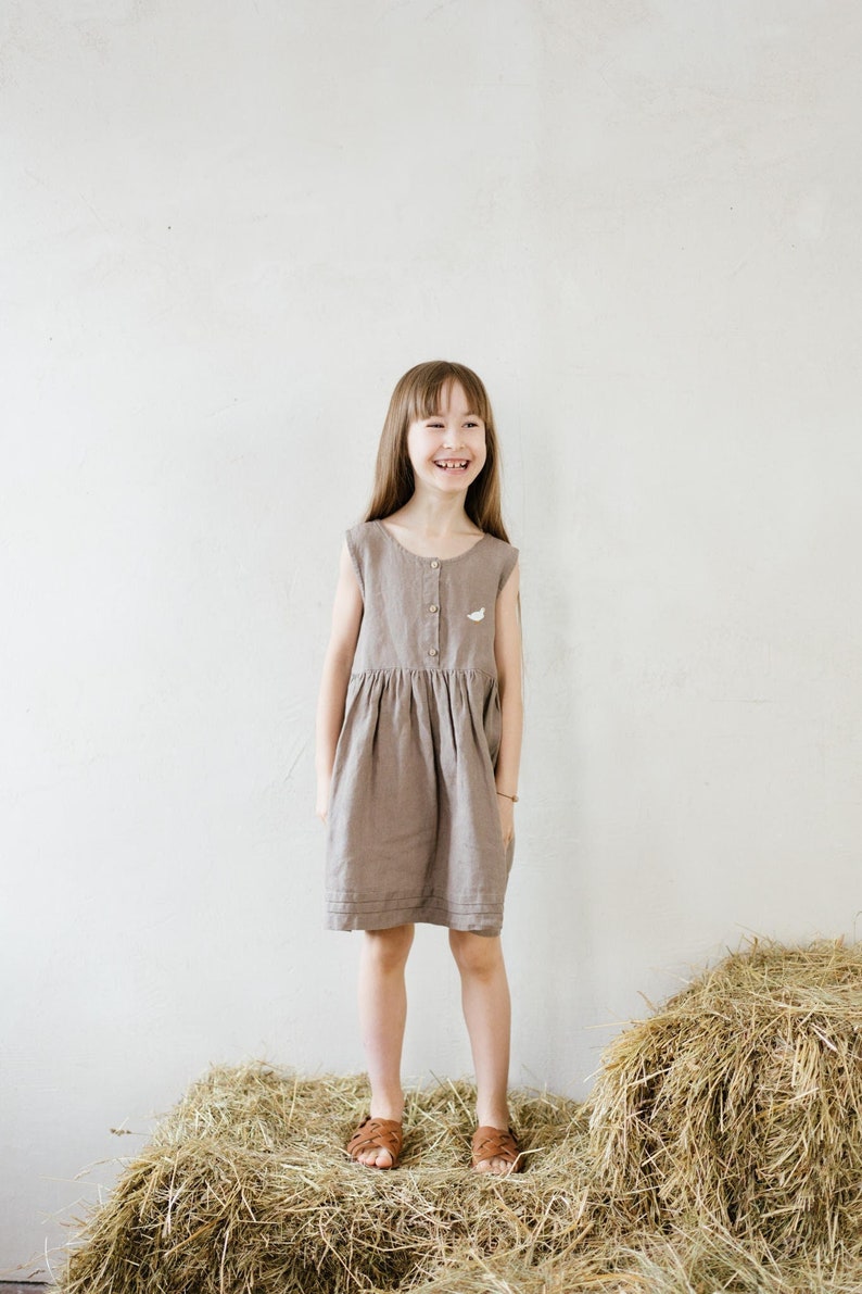 Linen Sleeveless Dress Melissa for girls Optional Embroidery image 1