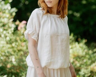 Linen Blouse Emy, Women’s Relaxed Fit Top with Boat Neckline, Ruffle Sleeve Cuffs, and Elastic Hem