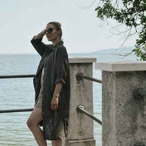 Oversized Linen Shirt Dress for Women Embroidery Option Linen Beach Layering Shirtdress Sybille with long sleeves image 1