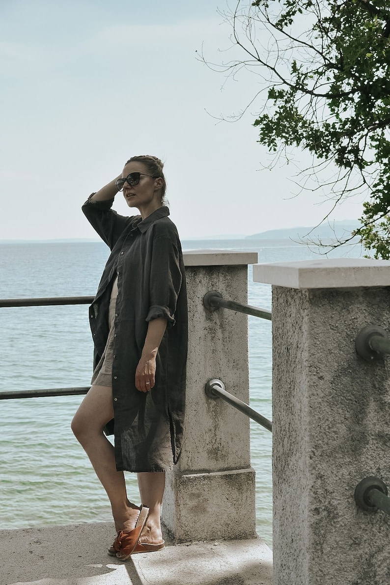 Oversized Linen Shirt Dress for Women Embroidery Option Linen Beach Layering Shirtdress Sybille with long sleeves image 1