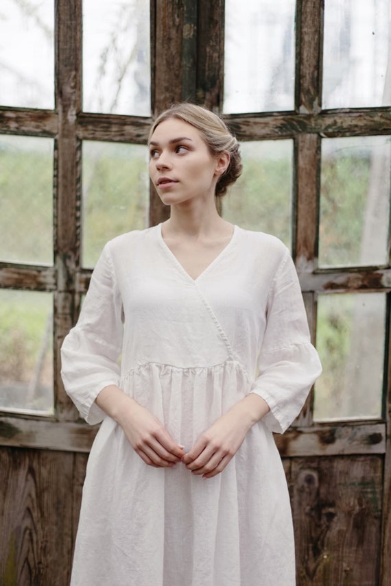 Elegant Linen Dress Maggie for Women, Mid-Length Flowy Dress with French Seams & Chic Flounce Sleeves