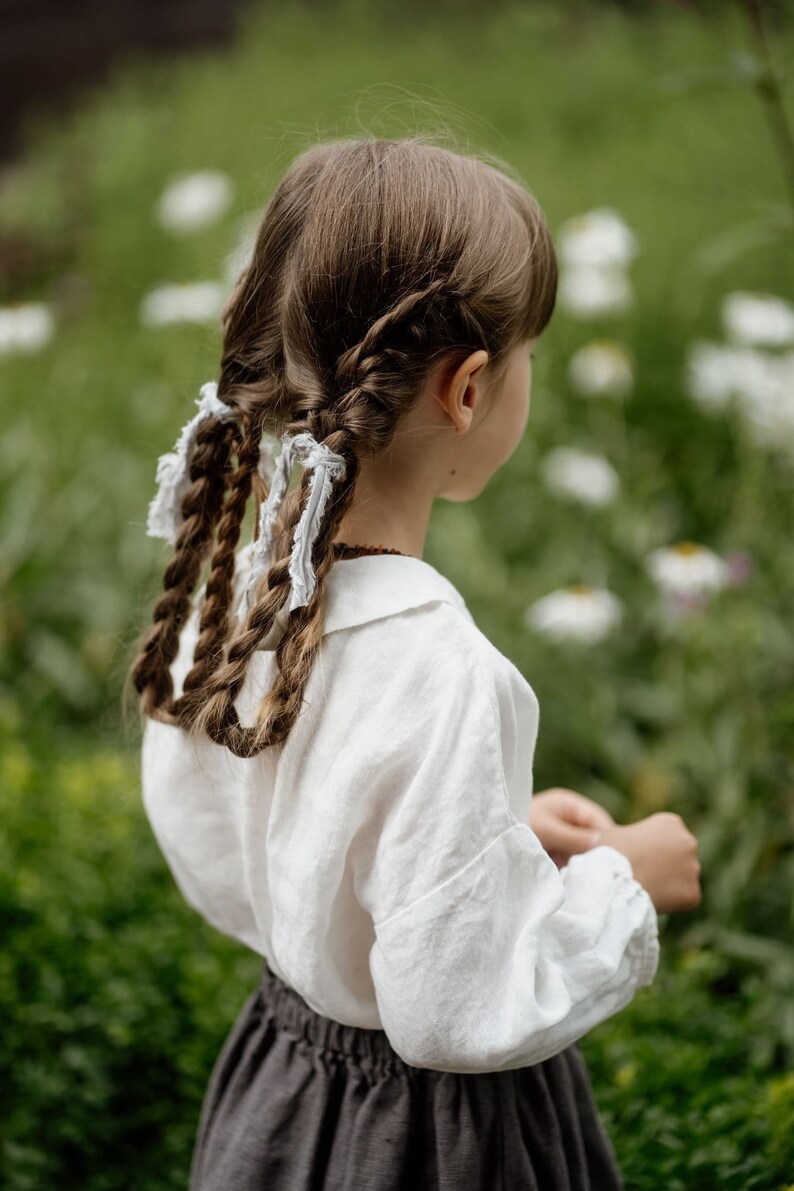 Linen Shirt Cecille with Bishop Sleeves for kids Optional Embroidery image 2