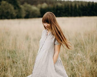 Linen A-line Dress Birdie, Relaxed Oversized Silhouette With Short Sleeves,  Coconut Buttons and Side Pockets - Etsy