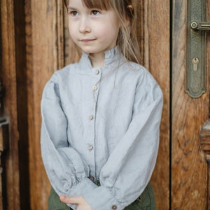 Girls Linen Blouse: Ruffled Collar, Bishop Sleeves, Optional Embroidery