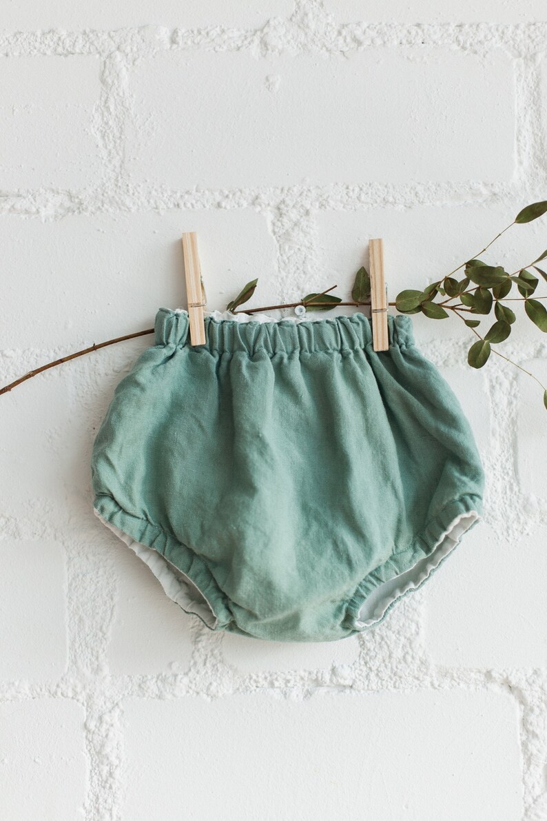 Reversible Linen Baby Bloomers Baby Diaper Cover in Mint Green and White more colors available