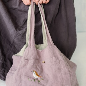 Reversible Line Tote Bag Honey, Markttasche, Strandtasche, Leinentasche, Leinenhandtasche | Optional Stickerei