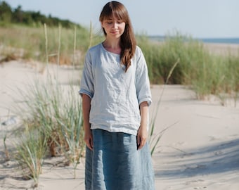 Women&#39;s Linen Skirt Nella, midi skirt, high waist skirt, gathered skirt, Women skirt, Linen summer skirt | Optional Embroidery