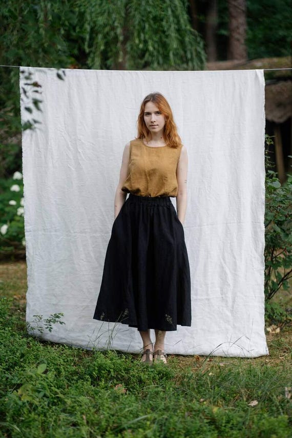 Linen Skirt Violete: Midi Skirt with Pockets, Elastic Waist