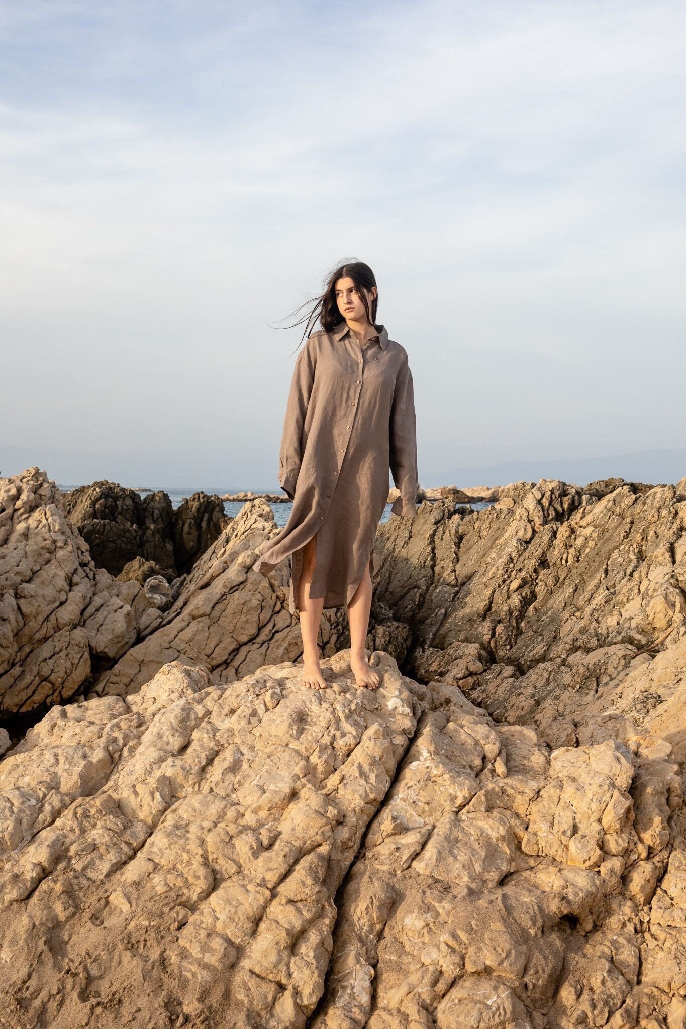 Oversized Linen Shirt Dress: Long Sleeve Summer Dress, Optional Embroidery