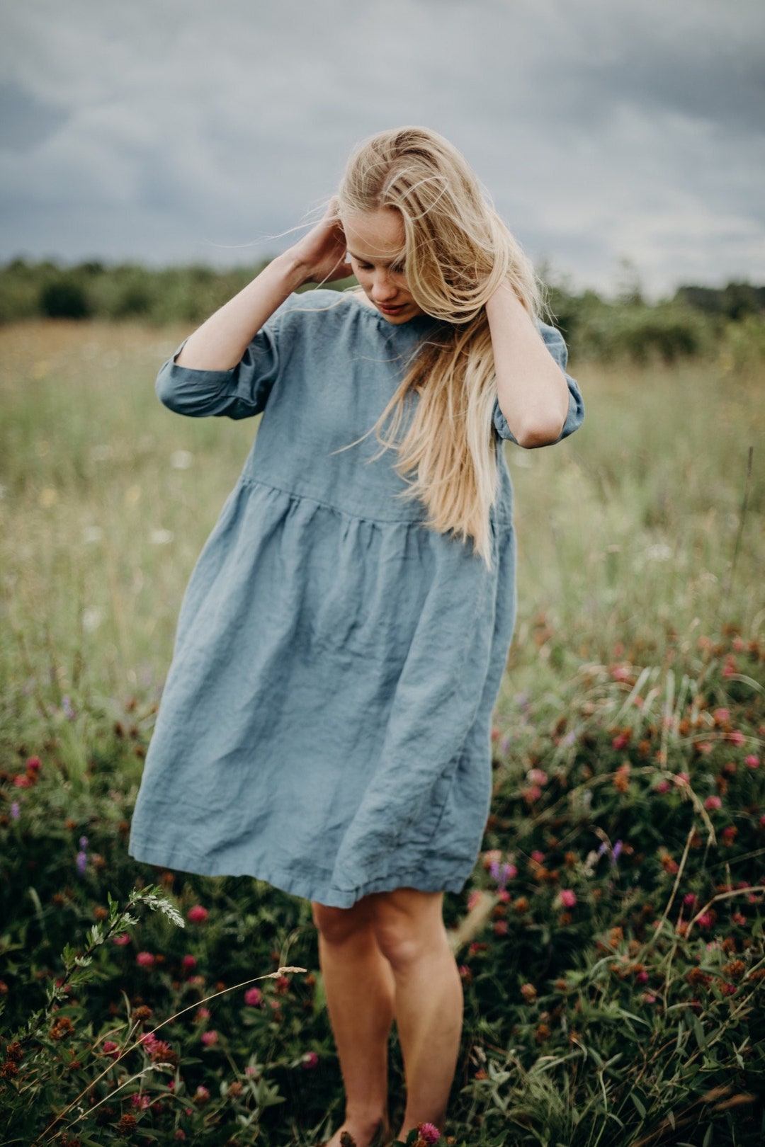 Robe ample mi longue en lin au col rond et manches 3/4 France