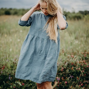 Women’s Linen Dress Anne, Gentle Loose Fit with Bishop Elbow Sleeves and Soft Natural Fabric for Casual Elegance