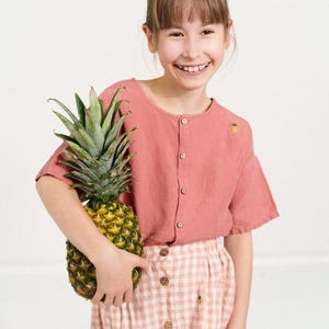 Linen Top for Boys and Girls, Minimalist Summer Outfit for Kids, Short Sleeve Button Down Top Mila | Optional Embroidery