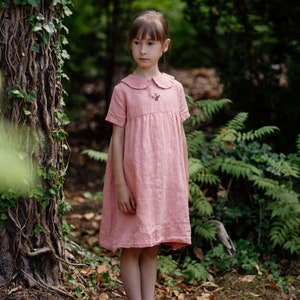 Summer Linen Dress with Short sleeves Jenny, midi dress, peter pan collar, toddler dress, linen dress girls | Optional Embroidery