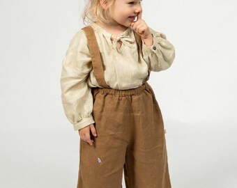 Toddler Linen Pants Leonie – Wide Leg Suspender Trousers, Relaxed Everyday Fit | Warm Pants with Removable Suspenders