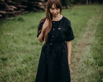 Linen Maxi Dress Helen, One-Size Reversible Button Closure with Tie Belt and Short Sleeves