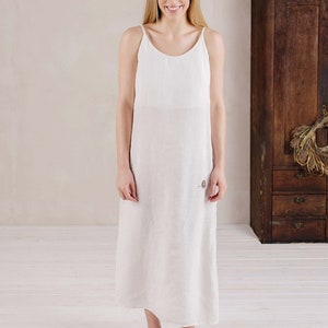 Pure Linen Sleeveless Maxi Dress – White Summer linen dress – Pockets – Belt – Natural and Soft – European Quality – Optional Embroidery